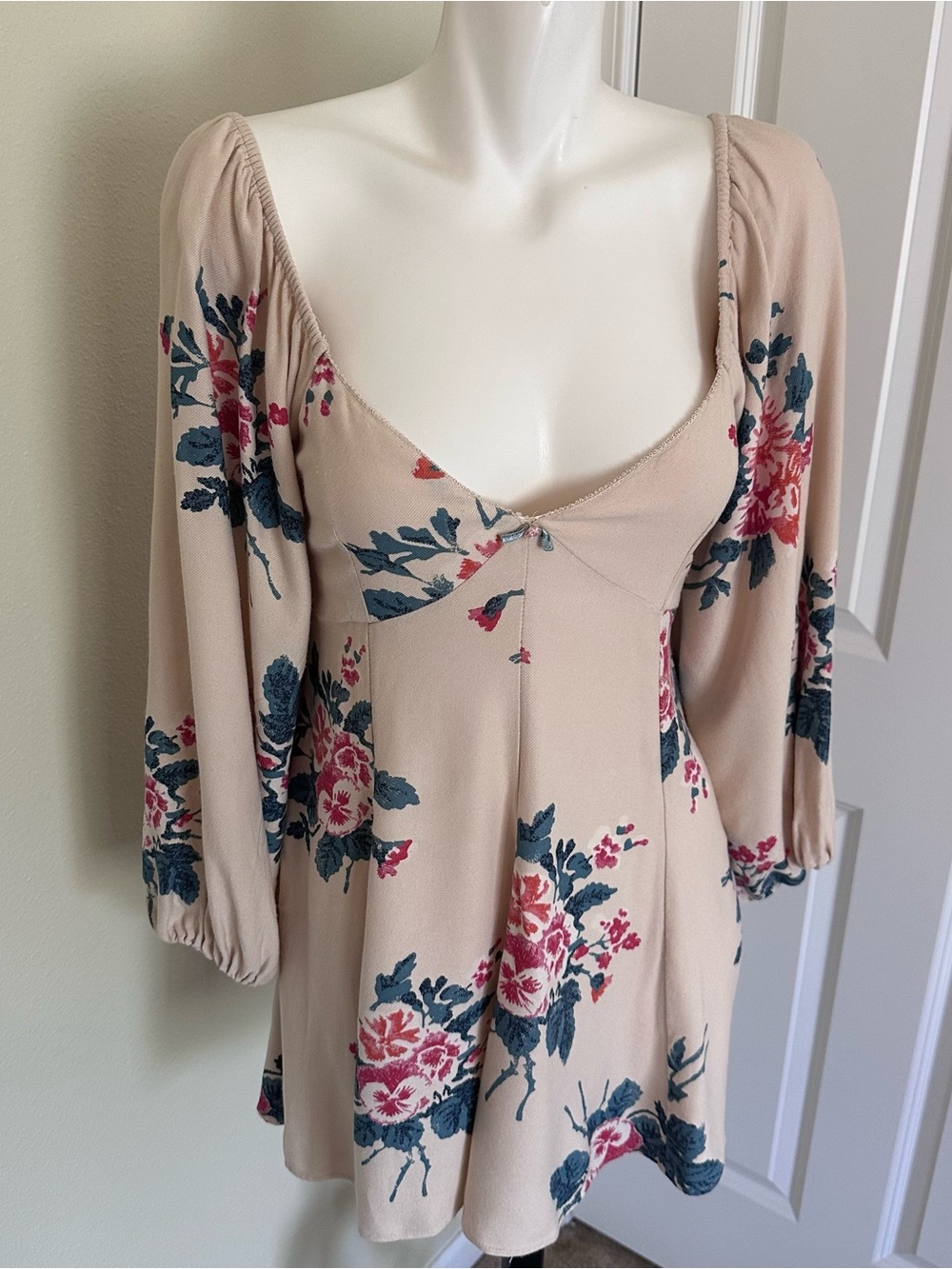 Free People Cream Smocked Floral Dress with Pink and Blue Accents